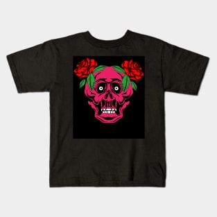 Pink of skull with red roses Kids T-Shirt